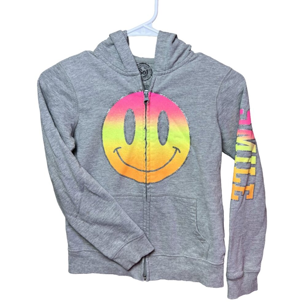 SO Smiley Face Zip Up Hoodie‎ Grey Neon Ombre Preppy Kidcore